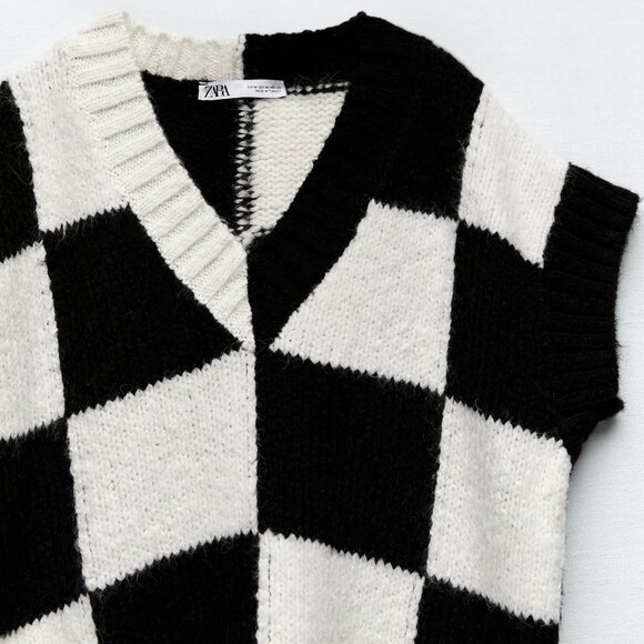 Zara Check Knit Sweater Vest ASO Wednesday Addams - Picture 5 of 14